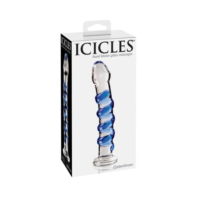 Pipedream Icicles No. 5 Curved Ribbed 7 in. Glass Dildo Blue-Clear