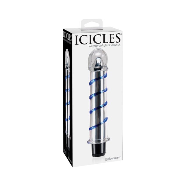 Pipedream Icicles No. 20 Ribbed Vibrating 7.5 in. Glass Dildo Blue-Clear