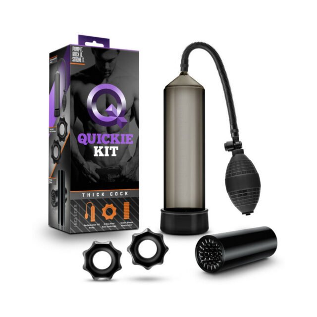 "Quickie Kit Thick Cock Pump, Stroker & 2-Piece Cockring Set Black"