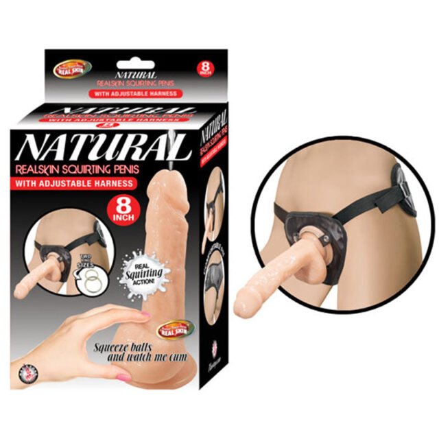 Natural Realskin Squirting Penis W-Adjustable Harness 8in Flesh