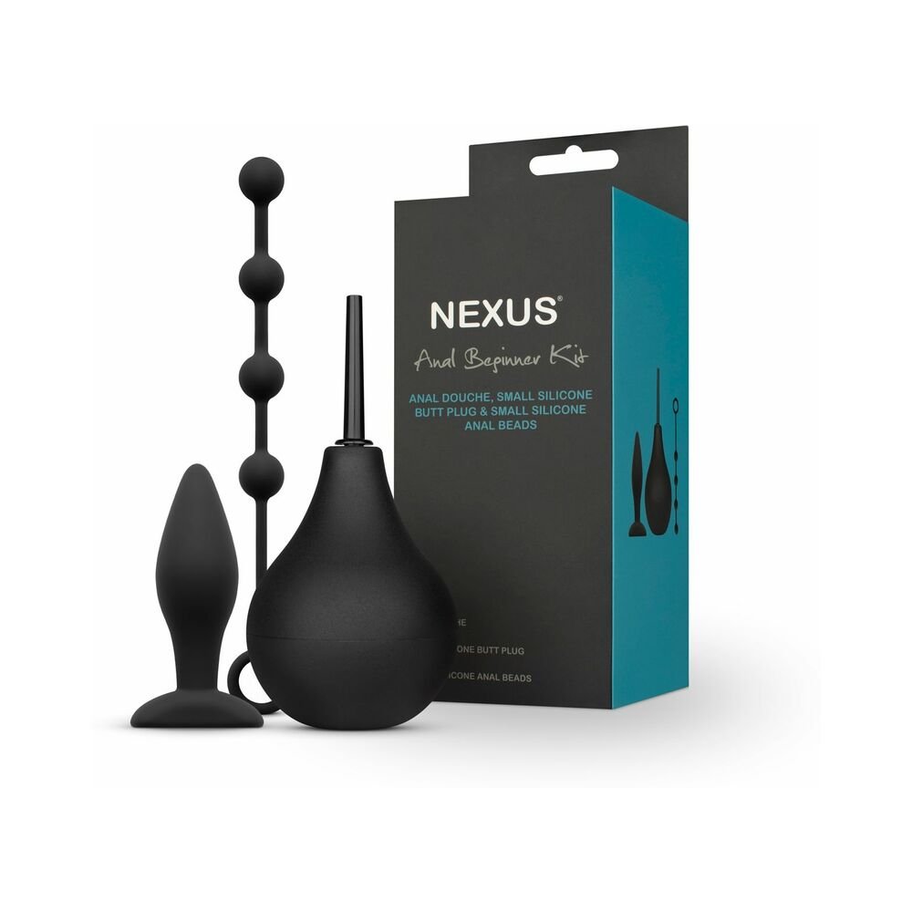 Nexus Anal Beginner Kit with Douche, Silicone Beads, Small Silicone Butt Plug Black