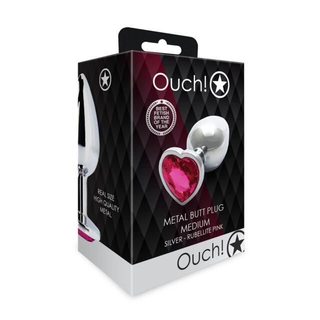 Ouch! Heart Gem Butt Plug Medium Silver-Rubellite Pink