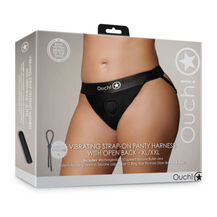 Ouch! Vibrating Strap-on Panty Harness with Open Back Black XL-2XL