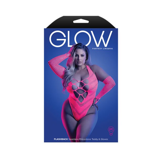 Fantasy Lingerie Glow Flashback UV Reactive Rhinestone Fishnet Teddy & Gloves-Warmers Queen Size