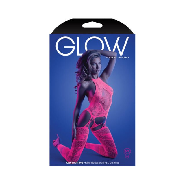 Fantasy Lingerie Glow Captivating High Neck Halter Bodystocking & G-String Set Neon Pink O-S