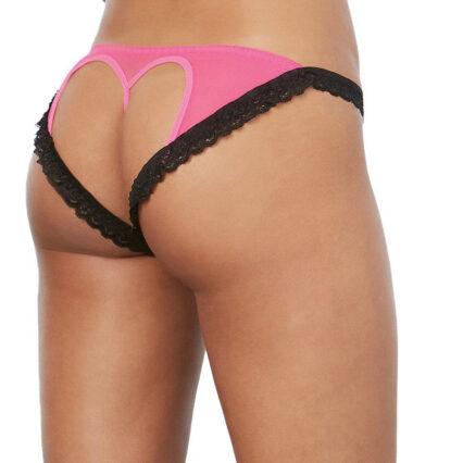 Dreamgirl Panty with Lace Ruffle Trim, Open-Back Heart Detail Hot Pink-Black M Hanging