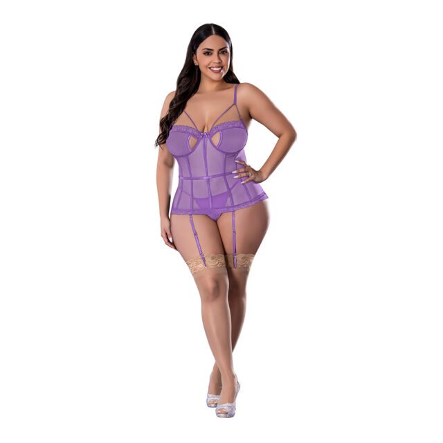 Magic Silk Sheer Passion Keyhole Basque & Crotchless G-String Very Peri Queen Size