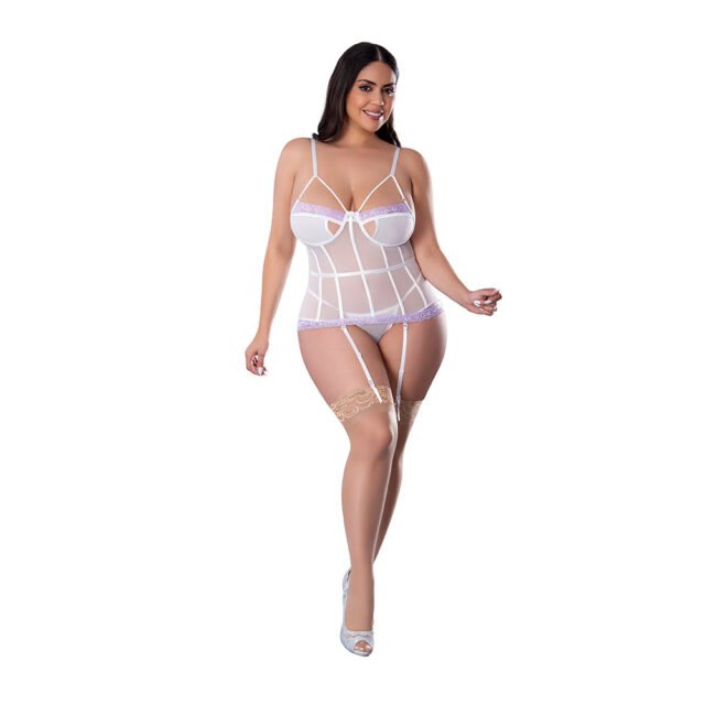 Magic Silk Sheer Passion Keyhole Basque & Crotchless G-String White-Lavender Queen Size